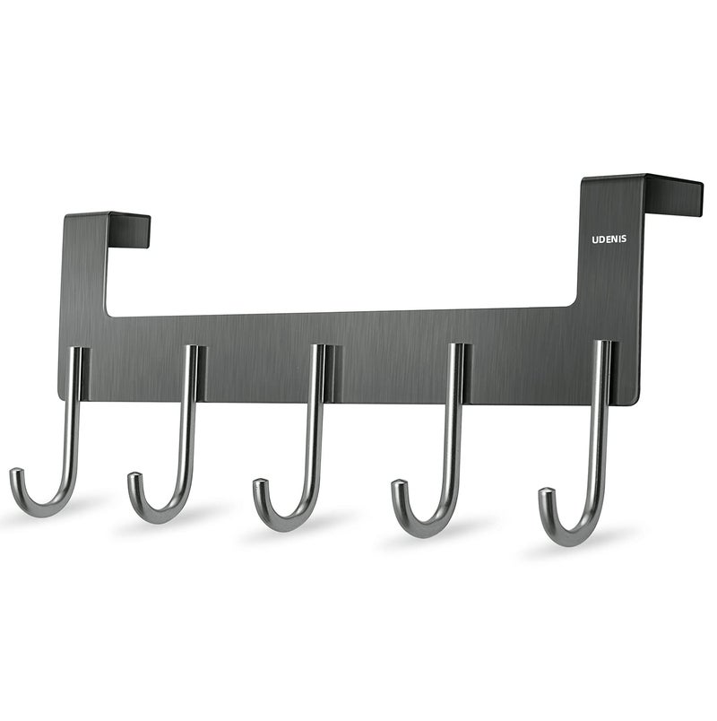UDENIS Over Door Hanger, Metal Over The Door Hook Rack with 5 Hooks, Towel Rails for Hanging Towel Robe Coat Bathroom Bedroom Grey - Image 1